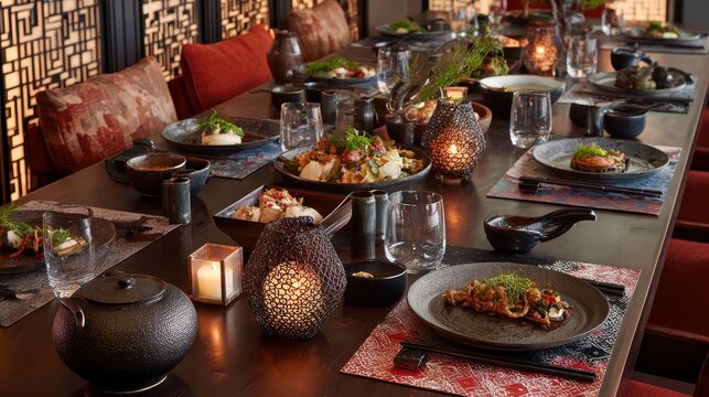 Luxurious Asian Fine Dining Table Set with Gourmet Dishes, Warm Candlelight, and Ornate Restaurant Decor.