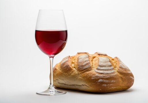 Loaf of bread and glass of red wine isolated on white background, symbolizing communion, eucharist, or the last supper in christian tradition
