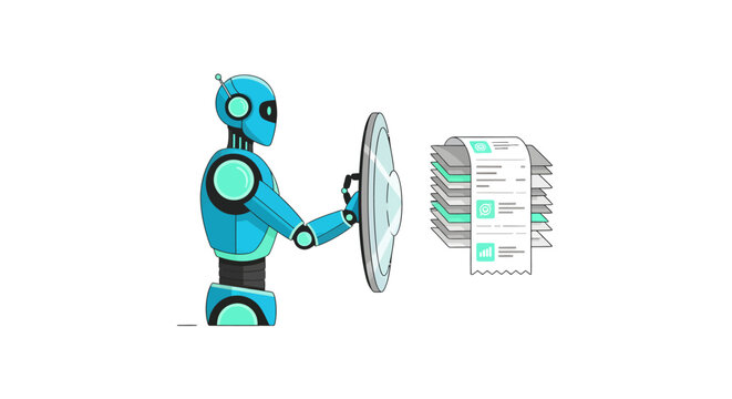 Automated accounting solutions with a robot managing financial documents and digital dashboards for streamlined data analysis and reporting process