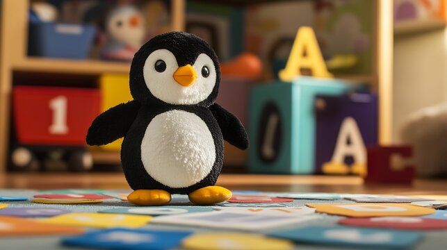Stuffed penguin in a classroom learning the alphabet - Powered by Adobe