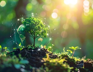 Miniature tree with digital Earth globe overlay, sunshine backdrop. Nature, sustainability concept
