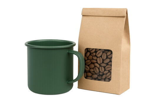 Dark green enamel mug and kraft paper bag of whole coffee beans featuring transparent background
