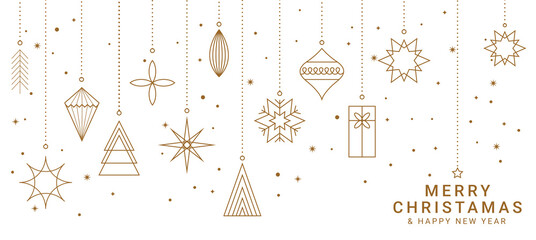 Elegant Christmas greeting card with hanging gold ornaments, modern festive decorations illustration