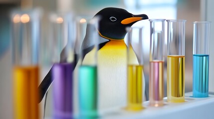 Stuffed penguin in a science lab with colorful test tubes