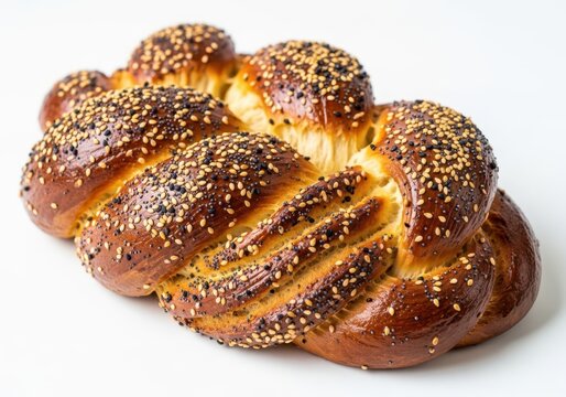 Delicious braided challah bread with sesame seeds isolated on white background is a traditional jewish food for sabbath