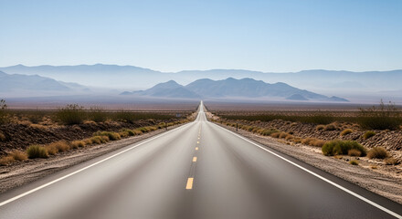 Fototapeta premium Long empty highway leading toward distant mountains under clear blue sky
