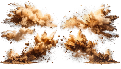 Symmetrical dust explosion with dirt clods against black