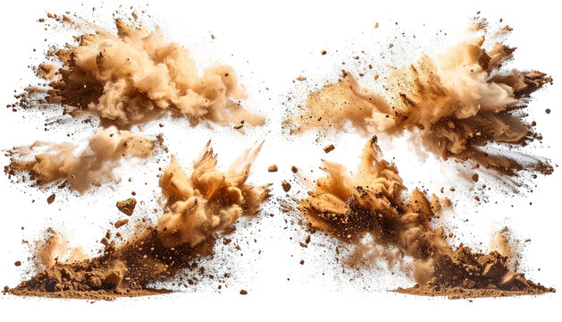 Symmetrical dust explosion with dirt clods against black