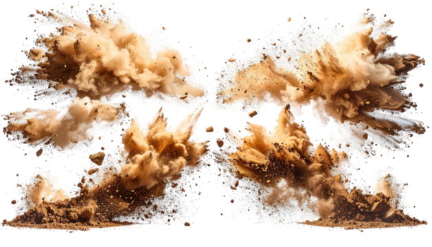 Symmetrical dust explosion with dirt clods against black