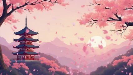 Japanese cherry blossom or sakura, mountain and temple cartoon footage. For seasonal promotion content 