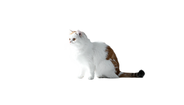 Fluffy white cat with brown patches sits in a dark space