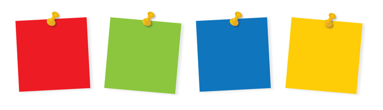 Four red, green, blue and yellow memo reminder with pushpin and shadow isolated on white or transparent background, png