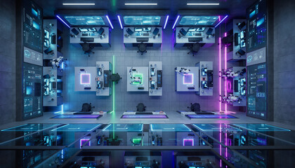 Obraz premium Research Laboratory with Robots and Neon Lights