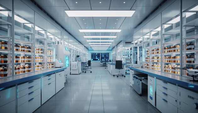 laboratory interior filled with scientific equipment and digital displays - Powered by Adobe