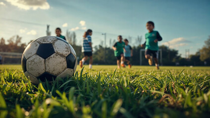 Youth soccer passion: ball in focus, kids playing on grassy field