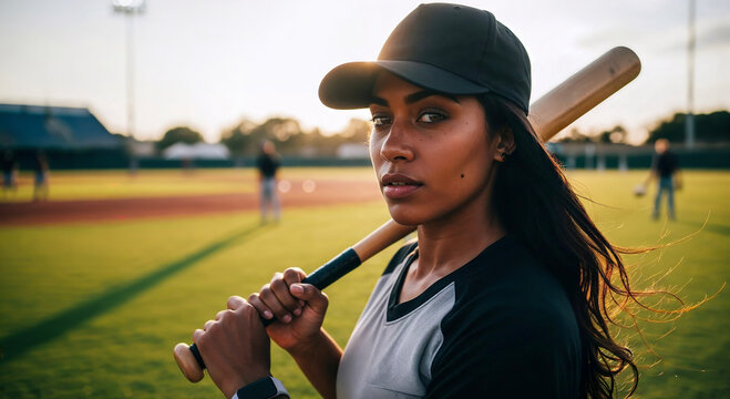 Strong diverse woman baseball player with bat, golden hour light - Powered by Adobe