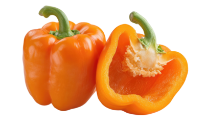 Vibrant orange bell pepper, whole and halved, showcasing inner seeds