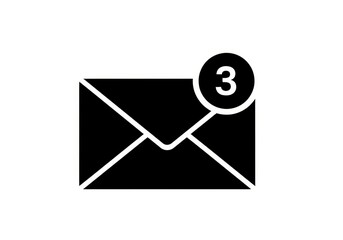 Black and white icon of an envelope with a notification badge showing the number three isolated on white background