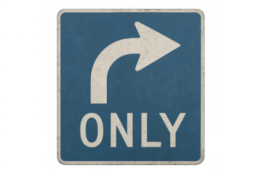 Right turn only traffic sign with white arrow showing direction, weathered blue road sign for vehicle guidance, transparent background - Powered by Adobe