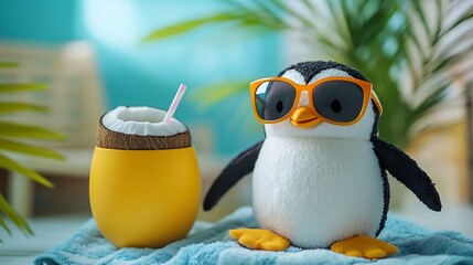 Stuffed penguin on a beach towel with sunglasses and a coconut drink