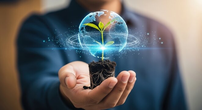 Person holding a glowing digital globe with a plant growing from it
