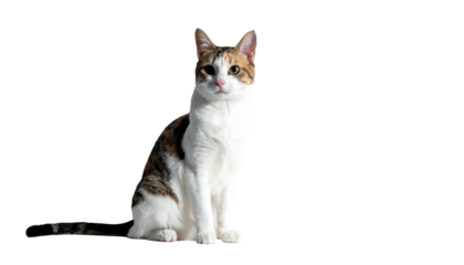 Tricolored calico cat sitting upright against a black backdrop