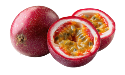 Ripe, exotic passion fruit with vibrant yellow pulp and seeds