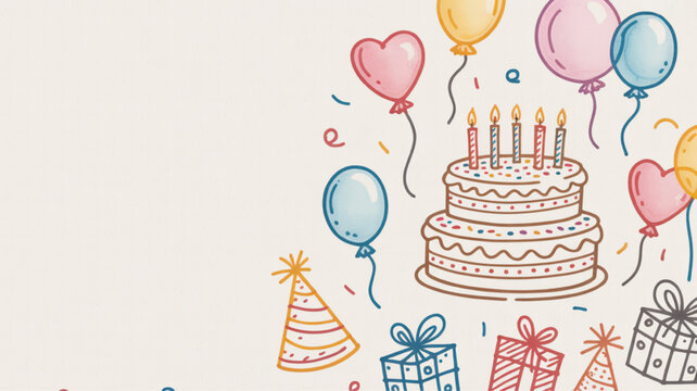 Hand-drawn birthday party elements including cake balloons and gifts vector illustration for cards and invitations