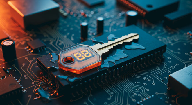 An illuminating perspective of a digital key resting securely on a sophisticated circuit board, symbolizing data security and information encryption in a photorealistic and highly detailed manner.