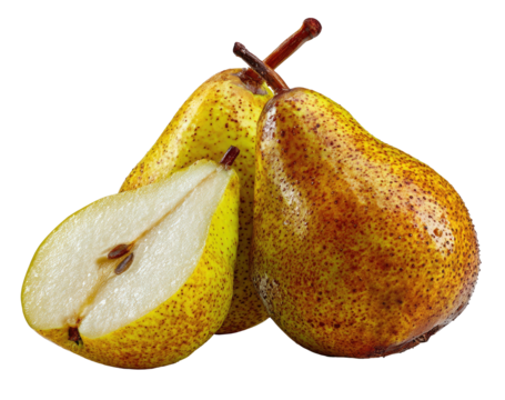 Ripe yellow pears, one sliced open, on a black background