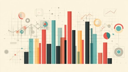Colorful bar chart displaying statistical data with geometric shapes and graphs in a minimalistic style