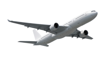 White airplane in flight transparent background cutout png