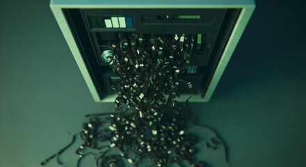 Data storage pouring out of the server cabinet, with a mysterious, futuristic vibe, creating a sense of digital overflow or data breach.