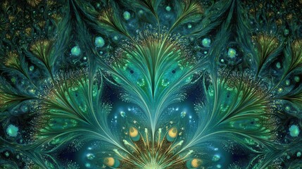 Colorful fractal pattern displaying intricate designs of green and gold in a symmetrical formation