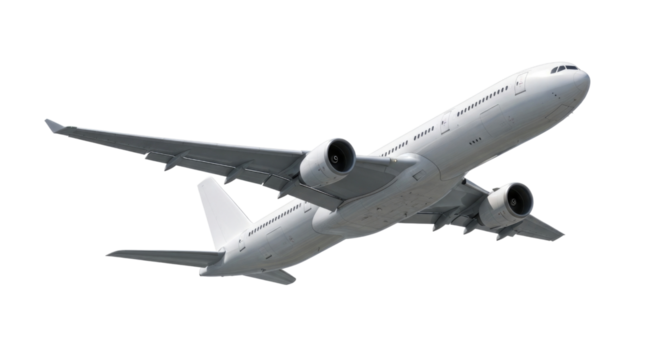 White airplane in flight transparent background cutout png