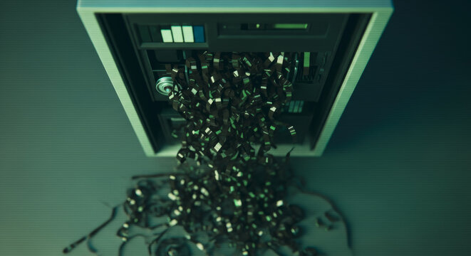 Data storage pouring out of the server cabinet, with a mysterious, futuristic vibe, creating a sense of digital overflow or data breach.