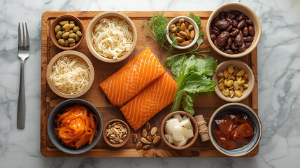 A top down view of a wooden board featuring two raw salmon fillets surrounded by an assortment of small bowls filled with various fresh ingredients like nuts, beans, cheeses, and vegetables