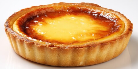 A golden brown baked tart with a creamy custard filling and glossy caramel topping