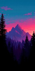 Majestic mountain peak illuminated by vibrant pink and purple sunset sky over dark pine forest