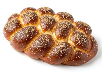Braided challah bread with sesame seeds isolated on white background, a traditional jewish bread served on holidays