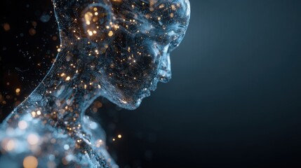 Digital representation of a futuristic human form illuminated by glowing particles against a dark background, showcasing advanced technology and artistry in the world of virtual design