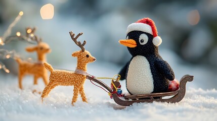 Stuffed penguin on a sleigh pulled by tiny toy reindeer
