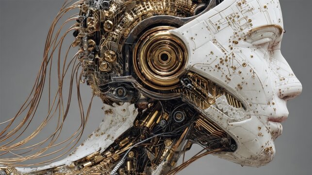 Futuristic robot head with intricate details, showcasing advanced technology and designs at a digital art exhibition in 2023