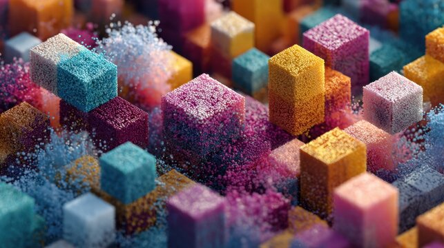 Fototapeta Colorful 3D cubes create a vibrant abstract landscape with textures and particles forming an engaging visual scene