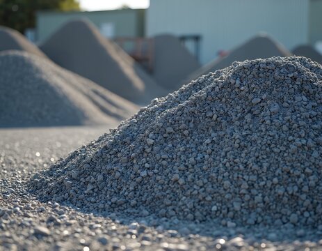 Pile of gravel at supply yard. Closeup of crushed grey stone for construction, landscaping. Heap of small rocks, pebbles, aggregate material for building. Natural rough ground texture, industrial
