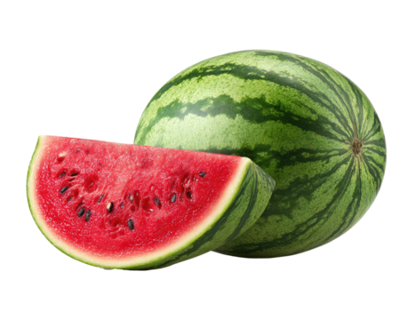 Refreshing slice of red watermelon next to whole green striped fruit