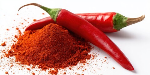 Two vibrant red chili peppers resting near a pile of bright red chili powder on a white background