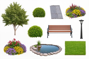 Individual elements of landscape design on a white background, fountain, stones, hedge, flowers, shrubs