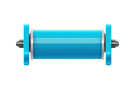 Glossy blue cylindrical object with silver-metal axles