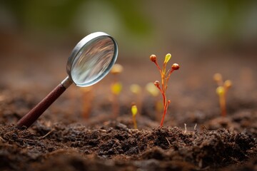 Magnifying glass examines tiny red plant sprout emerging from dark soil with other seedlings visible